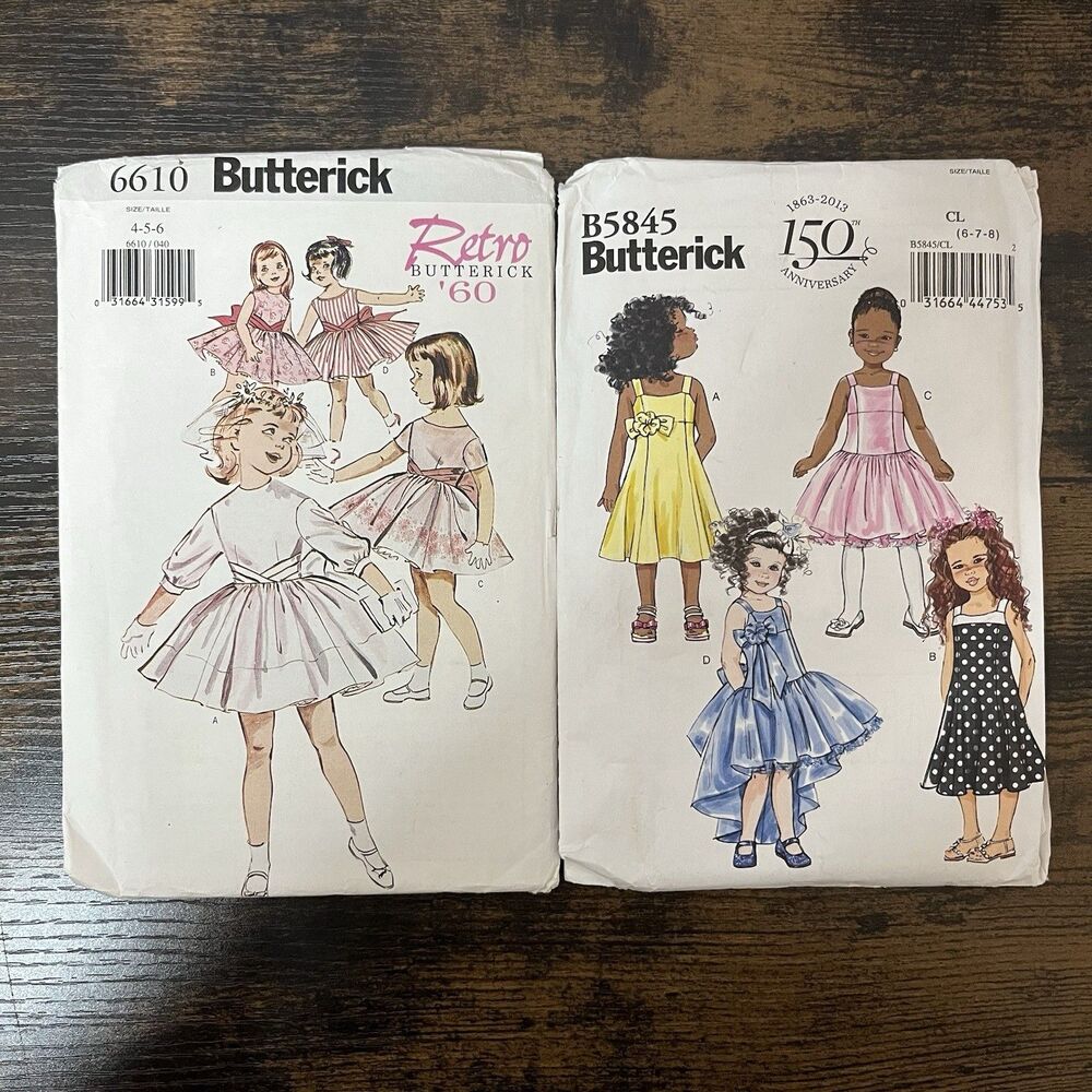 Lot 2 NEW Butterick Girls Dress Patterns Uncut Sizes 4-6 & 6-8 Sewing